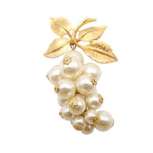 Vintage Gold Tone & Faux Pearl Large Grape Cluster Brooch MCM Mid Century